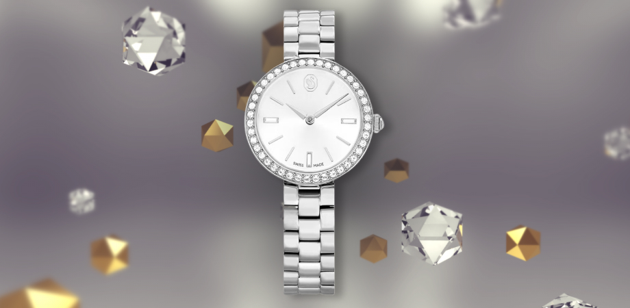 Analoginiai Swarovski laikrodžiai su skaidriais kristalais aplink ciferblatą