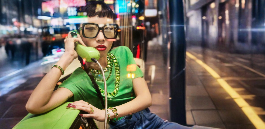 Swarovski Millenia campaign — model in lemon-green crystals, focused on emotion